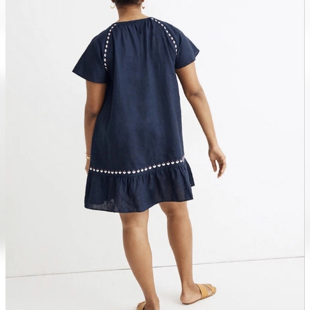 Madewell Embroidered Linen-Blend Raglan Ruffle Mini Dress In Deep Navy - Picture 3 of 8